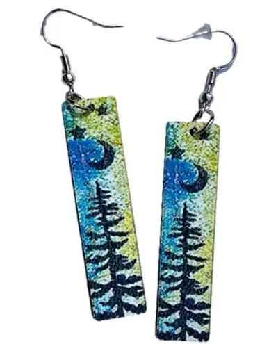 The Moon 3/$25 Artist wooden tree painting green blue drop earrings artsy boho New