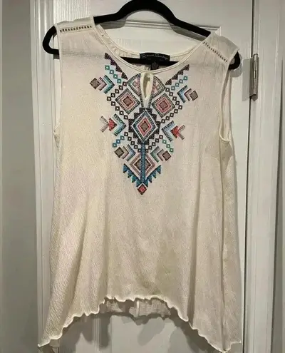 French Laundry Cross Stitch Printed Keyhole Neck Eyelet Boho Tank Top Size L