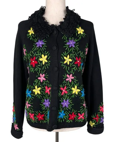 Vintage Y2K Berek Floral Embroidered Cardigan Sweater Size Large Artsy Whimsical Black