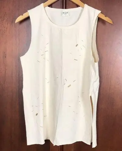 H.I.P. Happening In The Present Sleeveless Distressed Beige Tee Top Med