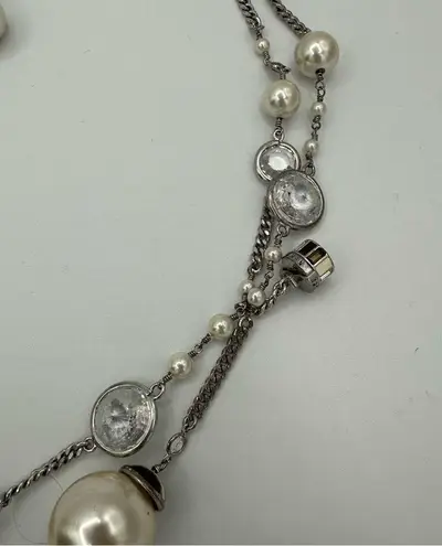 Henri Bendel Socialite Long Double Strand Silver Chain Necklace Charms Pearls