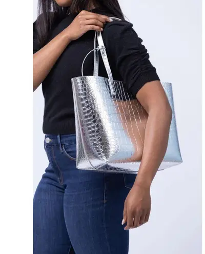 Mansur Gavriel Large Metallic Croc Tote Silver Womens Size OS