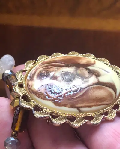 Handcrafted hound dog cameo natural stone bulls eye citrine necklace Brown