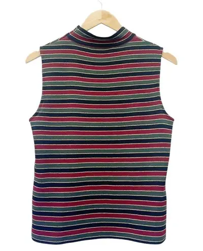 St. John Santana Knit Mockneck Sleeveless Shirt Burgundy Black Stripe Size Small