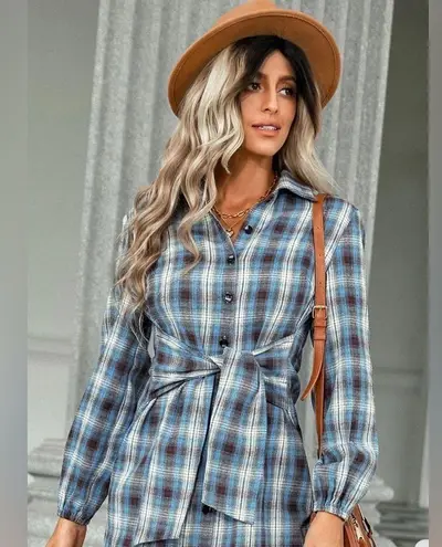 Blue Plaid Flannel Button Front Shirt Dress with Sash Front Tie Casual Western Size M