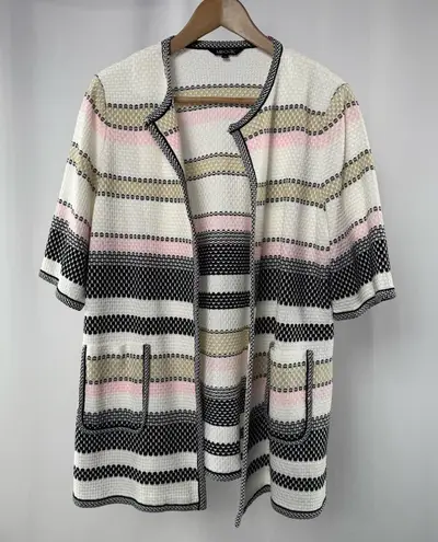 Misook Short Sleeve Stripe Open Jacket in White Pink Size Large