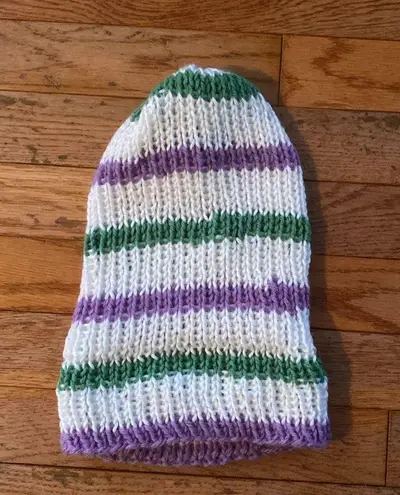 white green purple hand knit ribbed fisherman style beanie