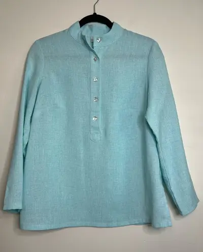 Mary G. Palm Beach XS Blue Blouse Floral Buttons Long Sleeve Pullover Top