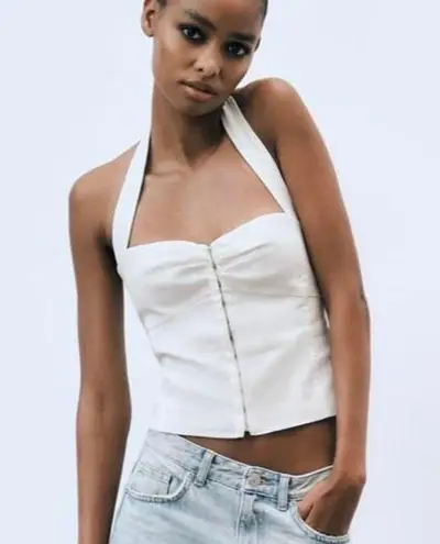 ZARA white ruched halter neck open back hook closure front top