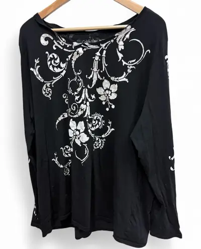 Calvin Klein Jeans Long Sleeve Black Top with White Metallic Silver Flowers 2X