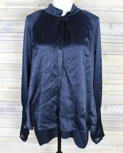 XCVI Thomasin Satin Blouse Hi-Low Hem Navy Blue