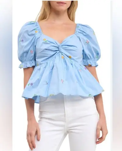 English Factory Floral Embroidered Puff Slv Babydoll Powder Blue Multi XS *flaw