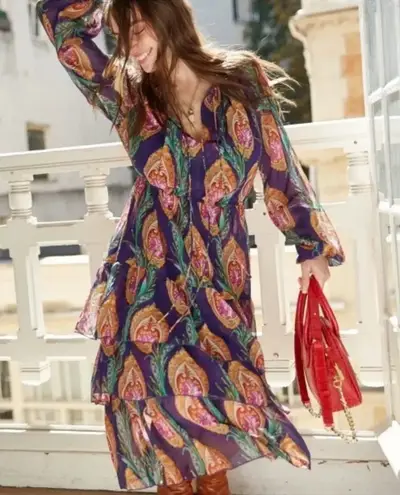 The Kooples The Multicolor Purple Hindu Flower Print Silk Midi Dress Small