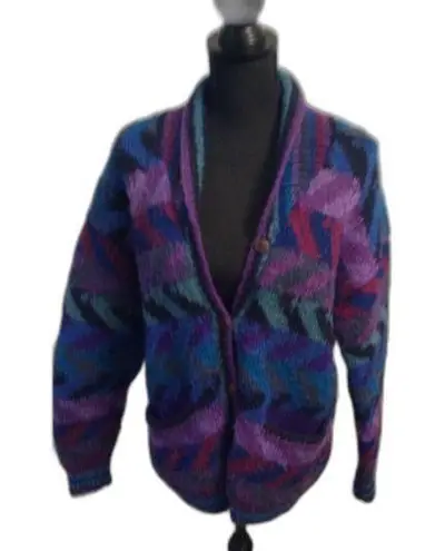 Vintage Wool Print Newari Cardigan Wood Button Up Sweater Medium Nepal Crochet