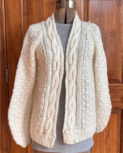 Vintage Cardigan Bubble Knit Cable Knit Open Front Cream Chunky Soft Neutral Size L - Image 1