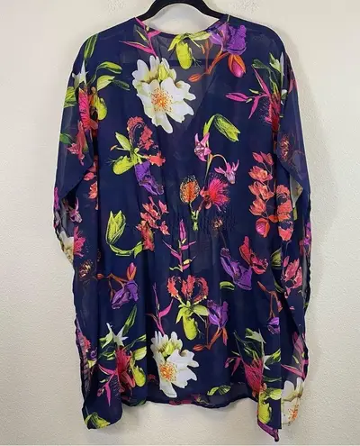 Rise & Bloom Embellished Neckline Floral Kimono Sleeves Swim Cover Up Navy M Size M