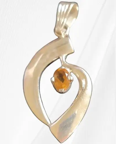 Silver Half Leaf Pendant With Amber Colored Stone Orange