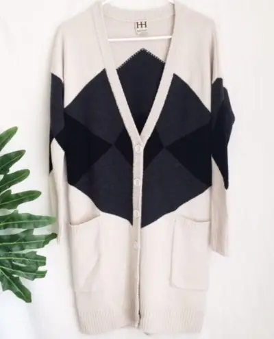 Haute Hippie Merino Wool ARGYLE CARDIGAN SWEATER Long Line Sz L