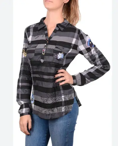 Desigual Shirt Women L Black Gray Striped Floral Embroidery Laura Illa Popover