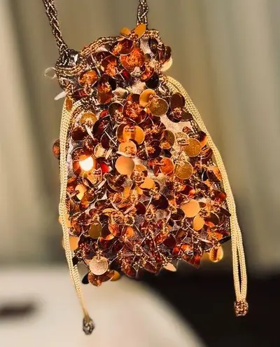 Vintage 80’s Sequin & Beaded Embellished Mini Drawstring Bag Copper & Brown