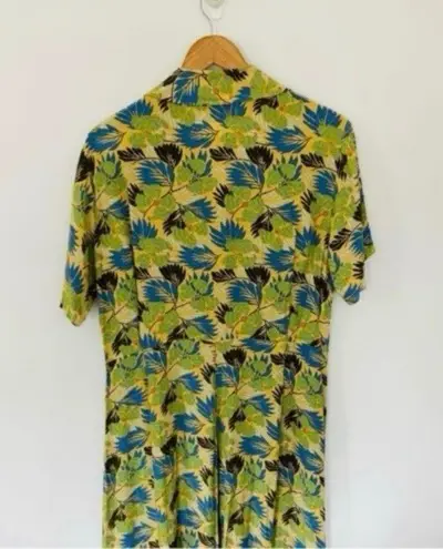 Flax Green Tropical Palm Print Full Length Dress Button Up Pockets Collar Rayon