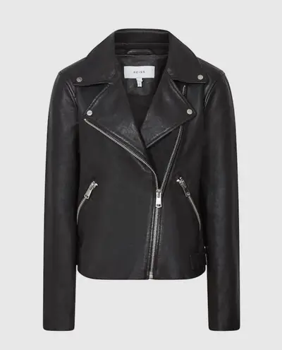 Reiss Nrd Grays Black Leather Biker Jacket - Size 14 (new)