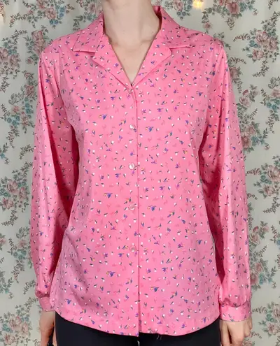 Vintage 70s bright pink tulip floral print button up blouse Size M