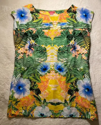 Sunny Leigh Vibrant Yellow Floral Tropical Print Tunic Blouse Medium