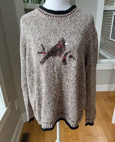 Vintage C.J. Banks Heather Brown Black Red Hand Embroidered Cardinal Sweater X Size XL