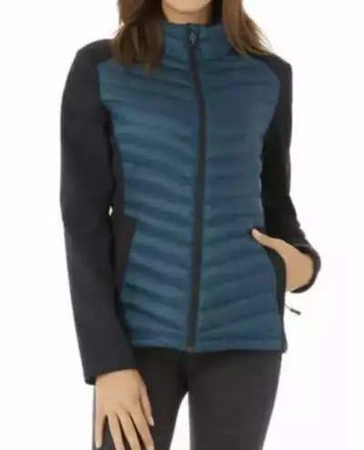 32 Degrees Heat Puffer Coat Mixed Media Down Zip Jacket, Dark Teal, Black, Size Medium