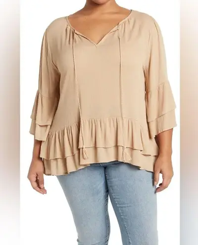 Forgotten Grace NWOT Beige Ruffle Tunic Blouse 3X | Feminine & Flowy Style