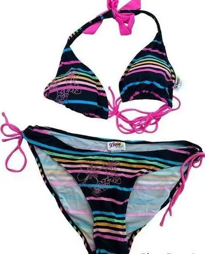 Vintage y2k 00s neon stripe hibiscus flower string triangle bikini size xl