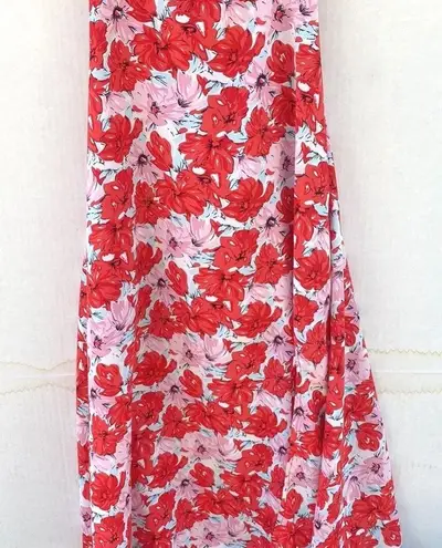 Dizzy Lizzy Womens small pink and red floral puff sleeve corset back maxi dress