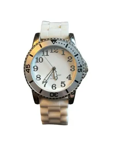 White Silicone Strap Stainless Steel Quartz Watch NEW BATTERY Silver