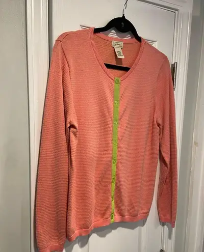 L.L. Bean Size M Coral Lime Green Stripe Lightweight Cotton Button Cardigan Pink Size M