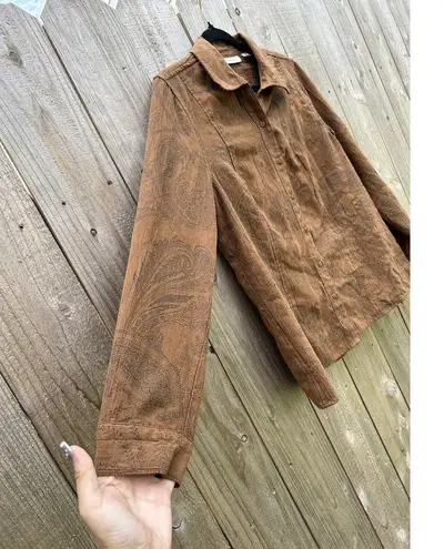 Tantrums Womens Size Large Brown Print Button Up Shirt Long Sleeve Square Button