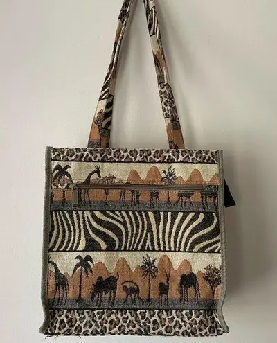 Vintage 80s Safari Animal Print tapestry tote bag vacation beach resort travel Brown