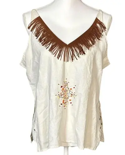 Vintage Sleeveless Top Size XL Beige White Boho Fringe Beads Western Festival Tan