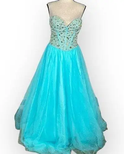 Terani Couture Formal Gown Women's Med Blue Embellished Strapless A-Line Maxi
