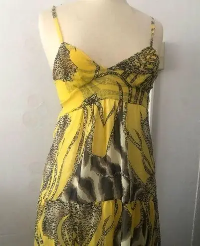 Yellow zebra animal print smocked tiered strappy summer breezy maxi dress sz S