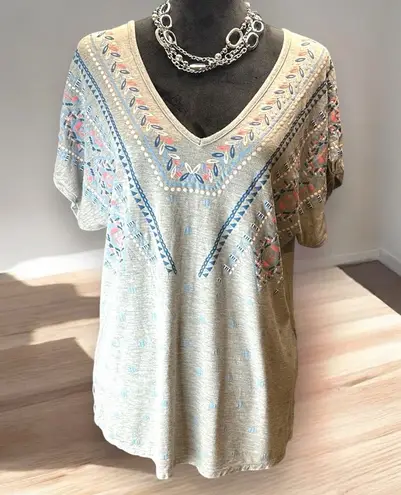 Democracy Gray V-Neck Peasant Boho Cowgirl Top Aztec Southwestern Print Sz Large