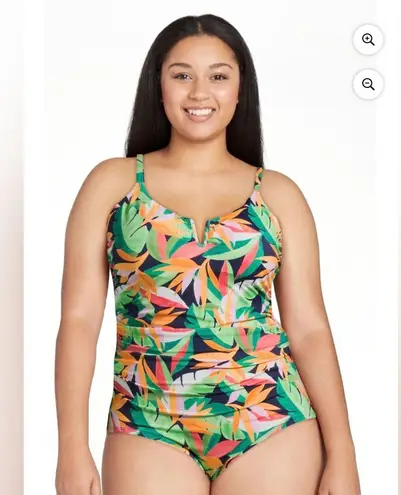 Time and Tru V Wire Detail One Piece Shirred Waist Tropical Swimsuit