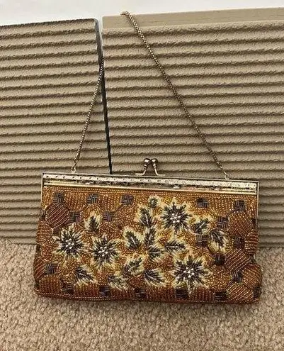 Vintage Micro Beading Petit Point Floral Purse Handbag Clutch Gold