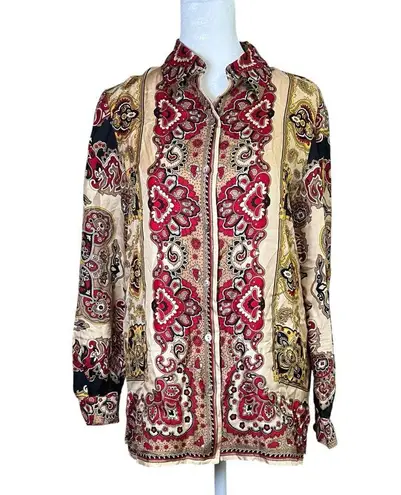 Dana Buchman Paisley 100% Silk Button-up Top Red Gold Festive VTG Sz 6 Petite