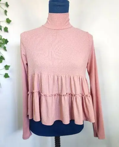 Mauve Pink Ribbed Ruffle Long Sleeve Crop Top Size S / M
