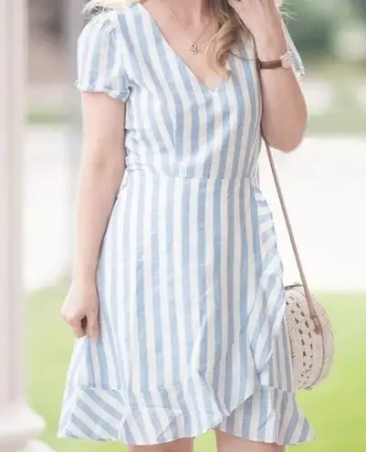 J.Crew  Stripped Faux Wrap Ruffle V-Neck Short Sleeve Mini Dress 12 Blue White - Image 1