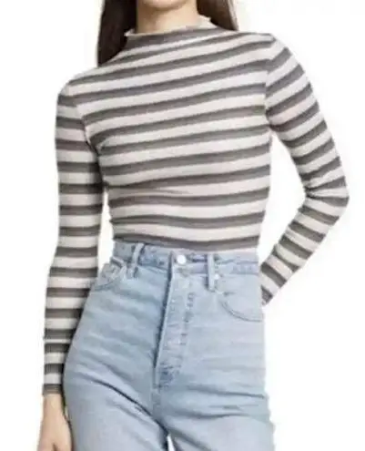 Cali Be New Striped Ribbed Mock Neck Long Sleeve Top Grey Multi