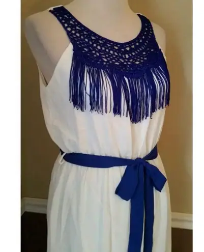 Pink Owl Modcloth White with Blue Fringe & Crochet Trim Halter Maxi Dress Boho