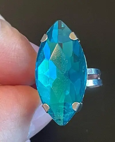 Adjustable teal crystal silver plated ring