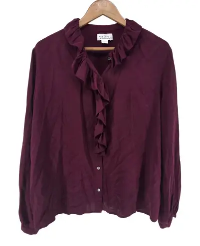 Velvet by Graham & Spencer Burgundy Ruffle Front Long Sleeve Blouse Top Large Purple